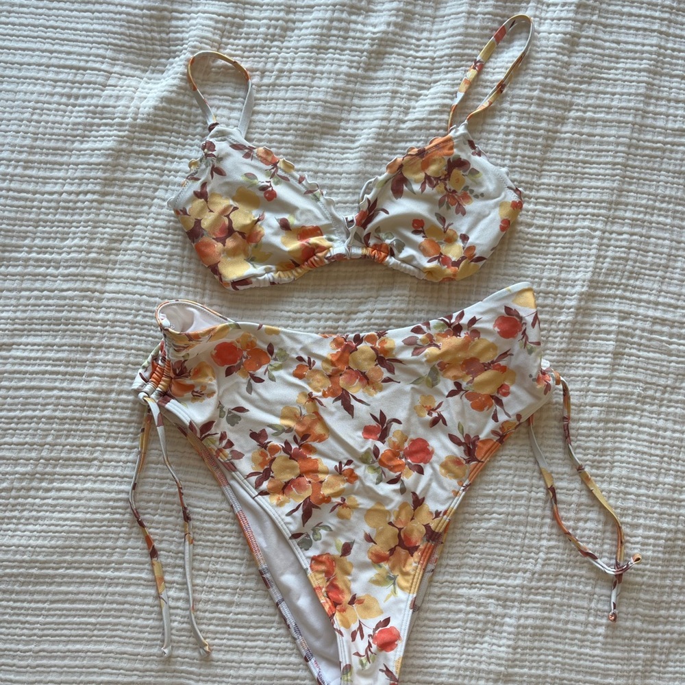 Abercrombie & Fitch White Floral Bikini with Yellow & Orange Blossoms